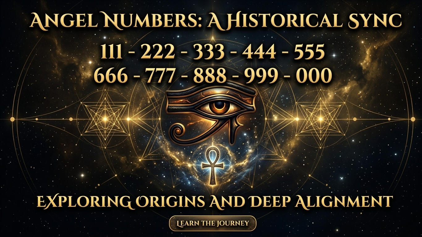 Golden angel numbers chart set against a dark starry nebula with an Egyptian Eye of Horus, a golden Ankh, and glowing sacred geometry for deep tarot alignment insights.