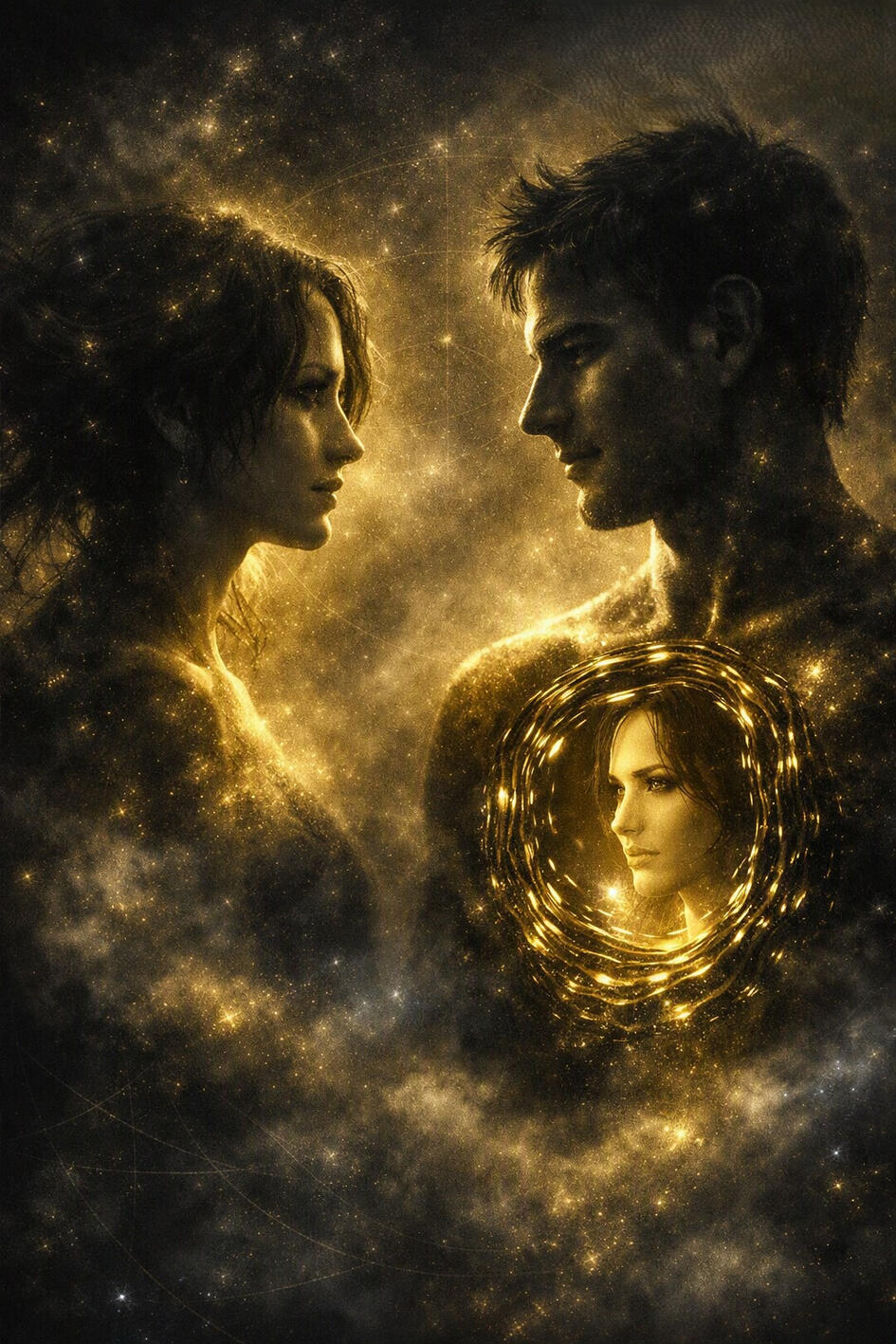 Cosmic couple connection reflecting each other in a starry nebula with a glowing golden mirror portal for the Mirror of Others shadow work tarot reading concept.