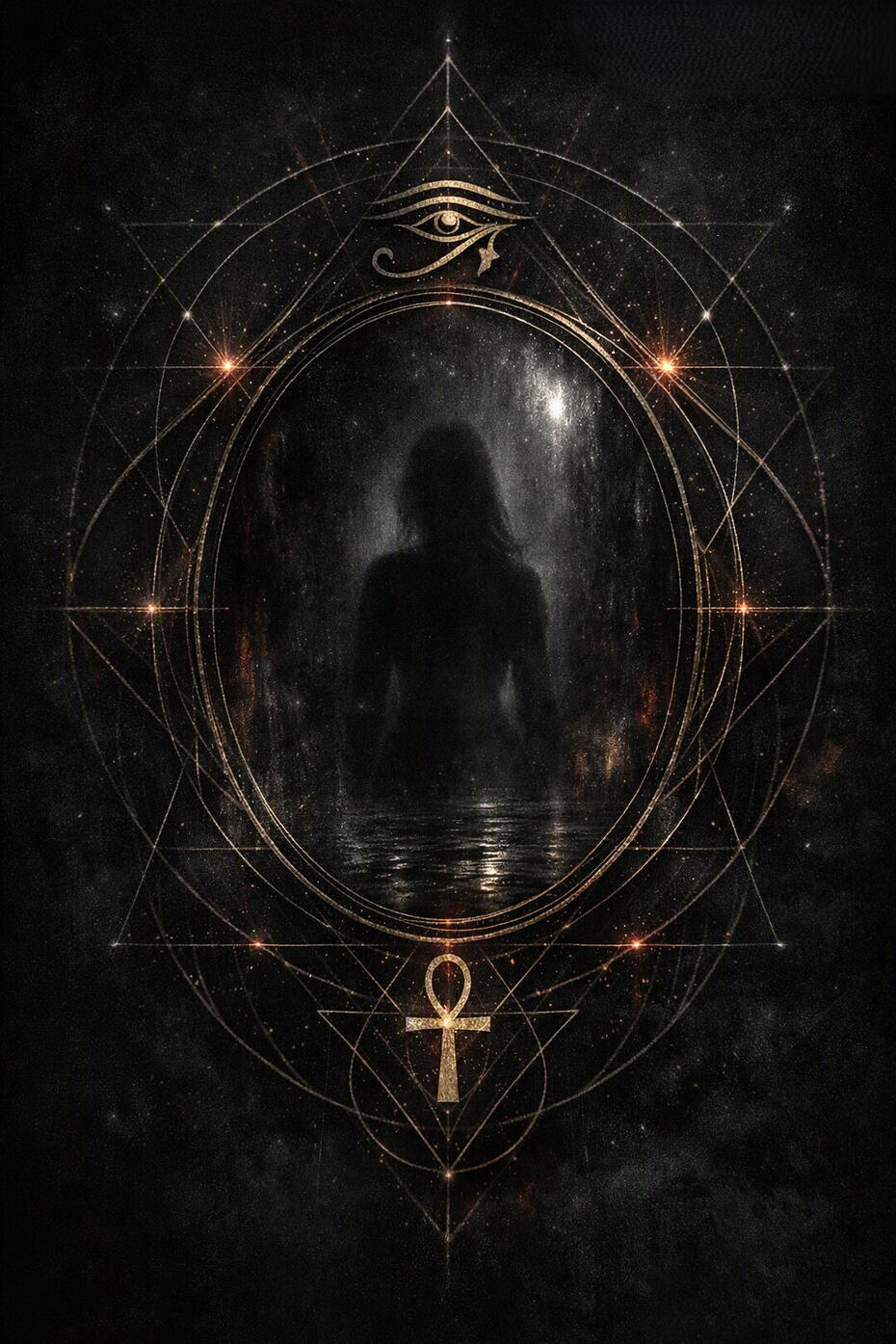Dark spiritual silhouette framed by gold sacred geometry, an Egyptian Ankh, and the Eye of Horus for cosmic shadow work and intuitive tarot reading insights.