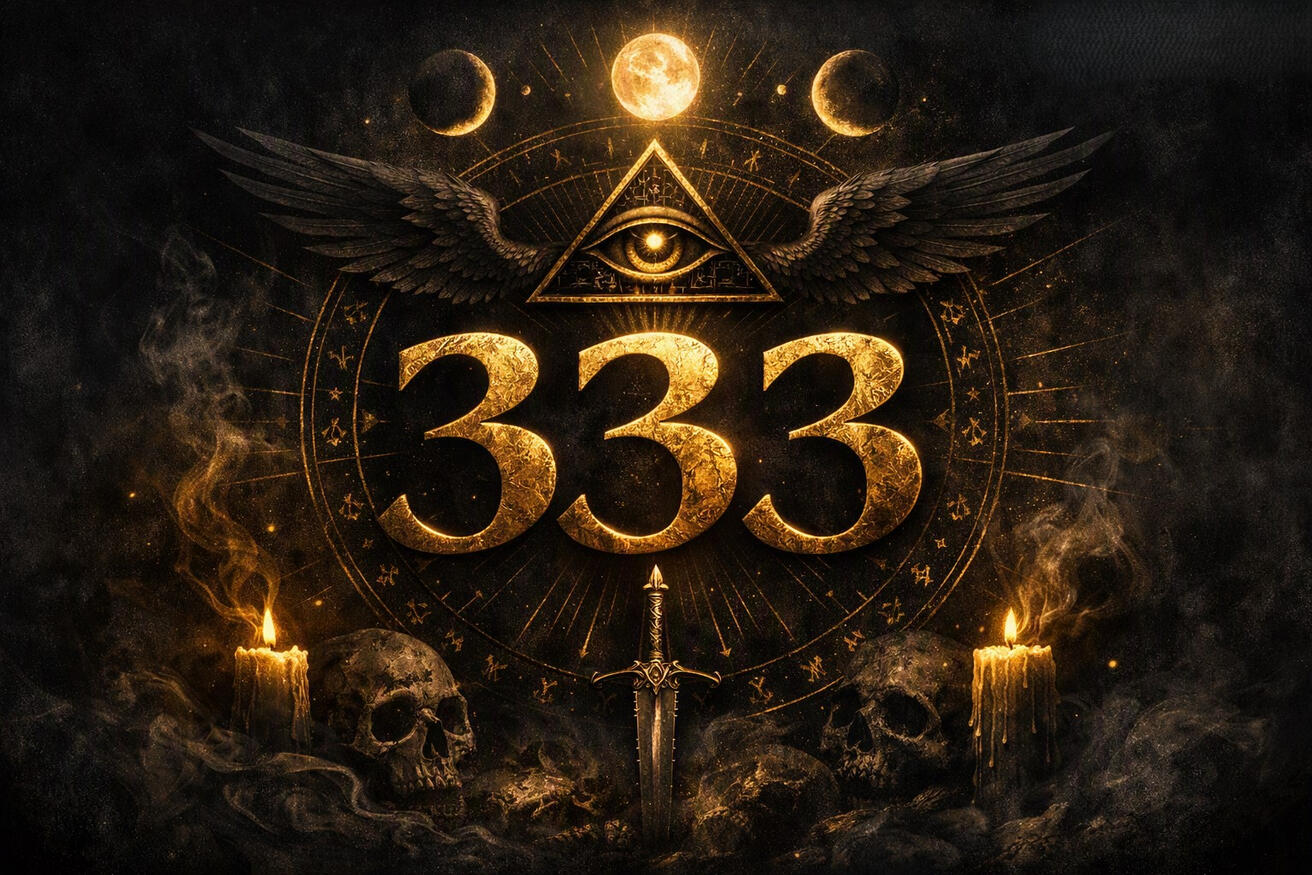 Trust your alignment and path: Click to head to the main True Divinity Tarot page. Golden 333 angel number text with a winged all-seeing eye pyramid, mystical candles, and a skull for intuitive guidance and shadow work tarot insights.