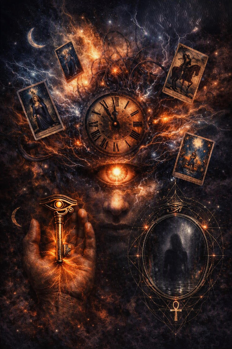 Complete True Divinity Tarot cosmic montage uniting the four-part shadow work series with the cosmic eye clock, the golden key of truth, and the Egyptian Ankh silhouette